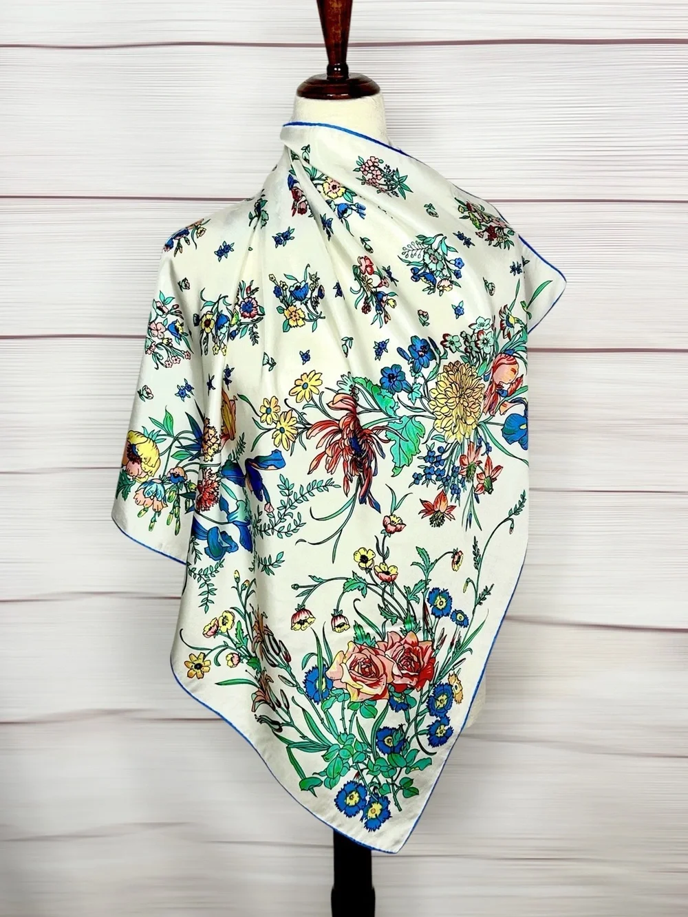 Vintage Square Silk Scarf Ivory with Floral Print Hand Rolled 28x28